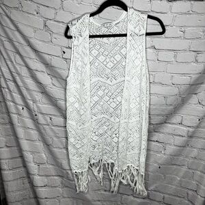 White Cotton Crochet Fringe Hippie Open Front Vest Coachella Boho Festival Sz M